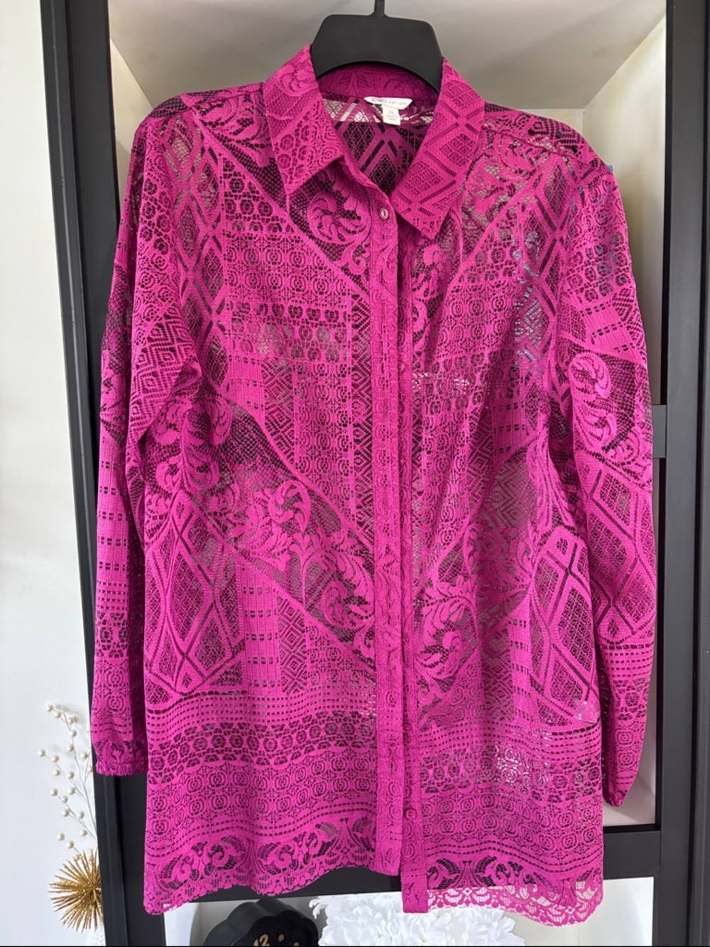 Women's Lace Button-Front Blouse - Hot Pink
